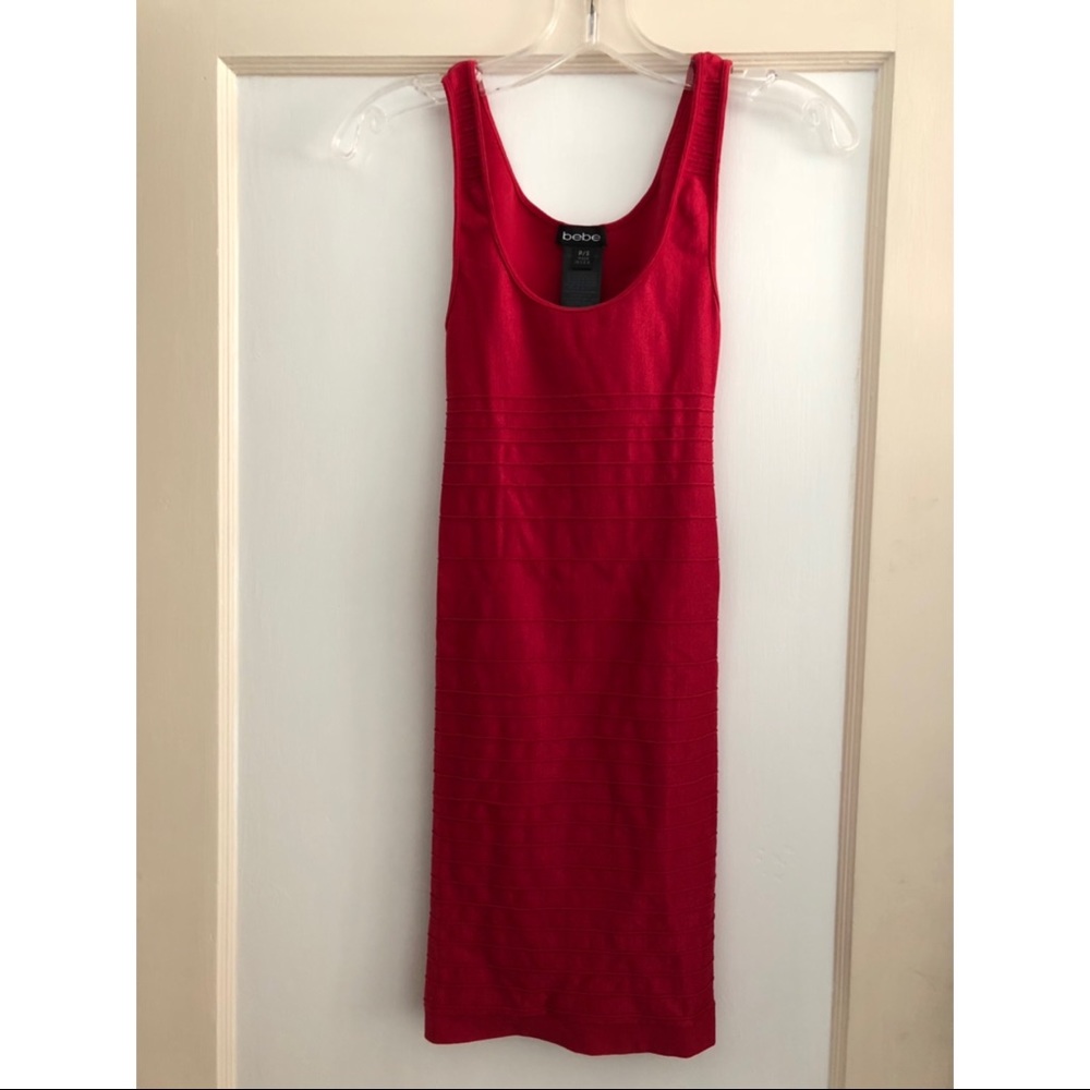 Bebe Back Cutout Shine Bodycon Dress Red P/S